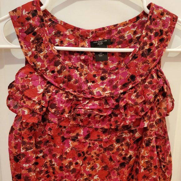 Ann Taylor Sleeveless Blouse with Ruffles, Petite 14P,  Red Orange Abstract - Picture 3 of 8